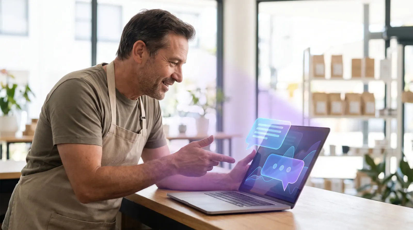 Ladeninhaber arbeitet lächelnd am Laptop