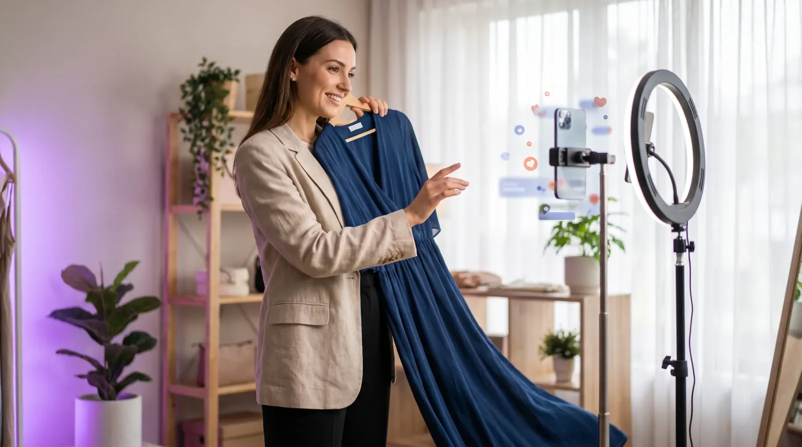 Händlerin zeigt im Live-Verkauf ein Kleid in die Handykamera