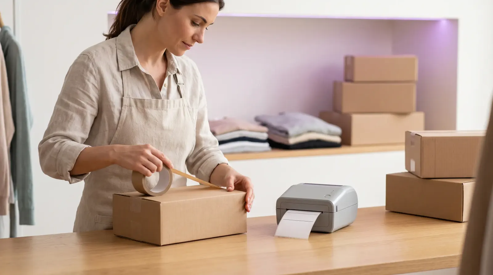 Mitarbeiterin verpackt ein Paket neben dem Etikettendrucker