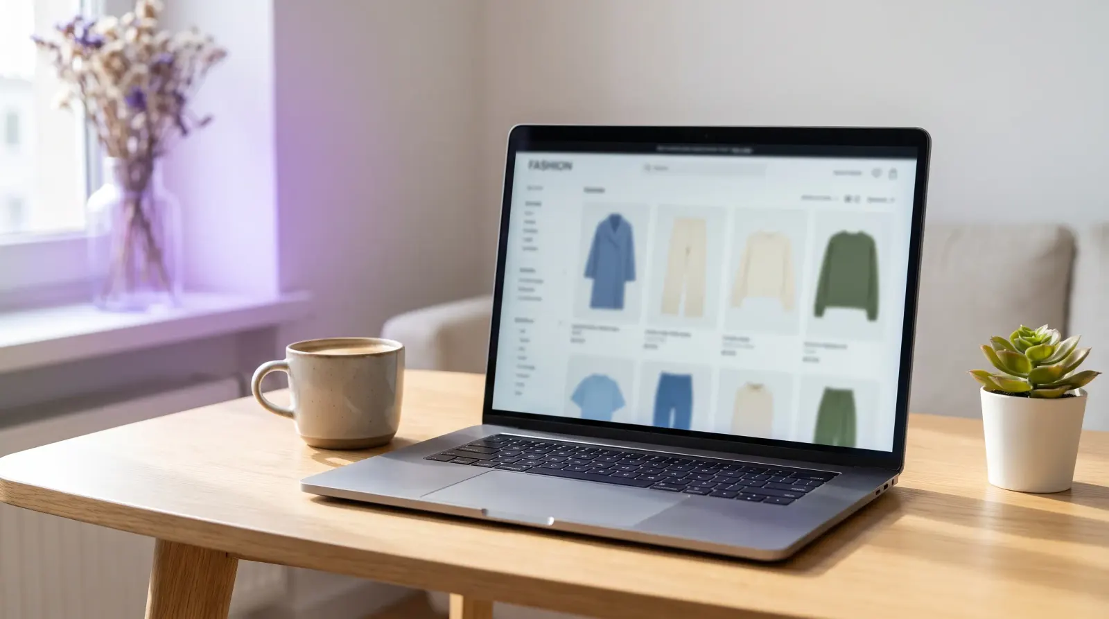 Laptop mit geöffnetem Mode-Onlineshop auf einem Holztisch