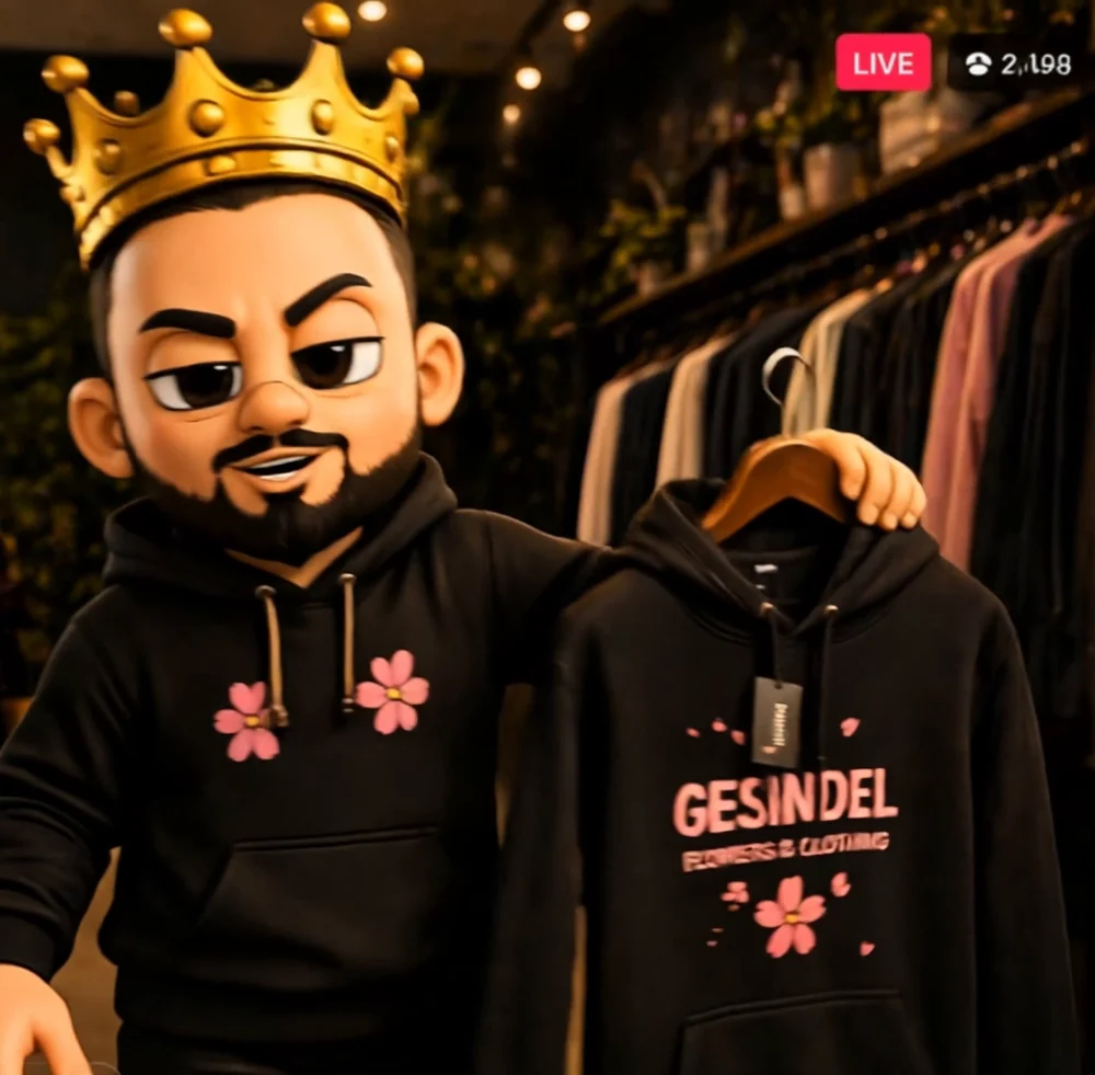 Kevin im Gesindel-Store beim Live-Verkauf: er hält einen schwarzen Gesindel-Hoodie mit rosa Blüten hoch, dahinter Kleiderstangen