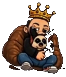 Kevin-Comicfigur sitzt mit Panda im Sitzsack