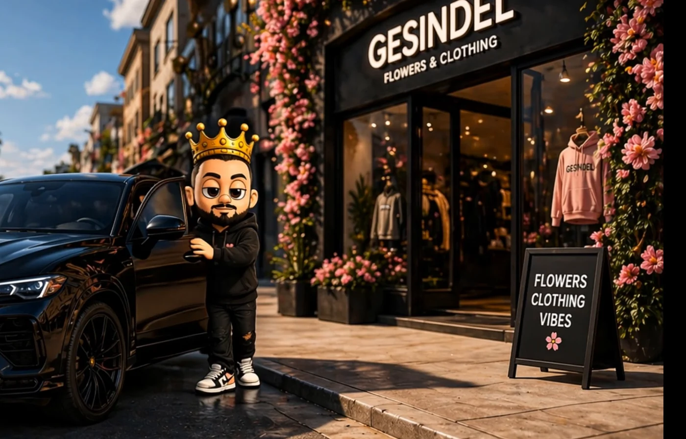 Der Gesindel-Store: schwarze Fassade mit Schriftzug GESINDEL — Flowers & Clothing, rosa Blüten ranken um die Schaufenster, Kevin steht davor